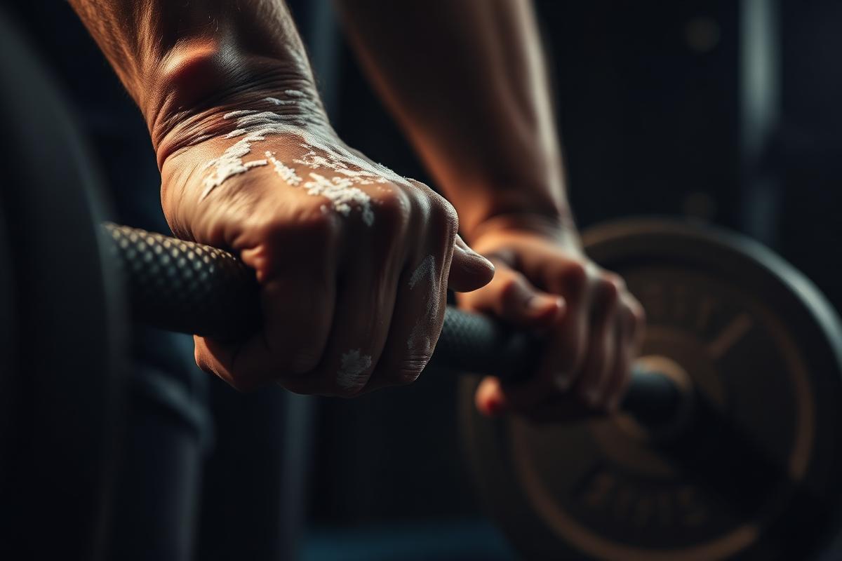 Chalked hands gripping a knurled barbell