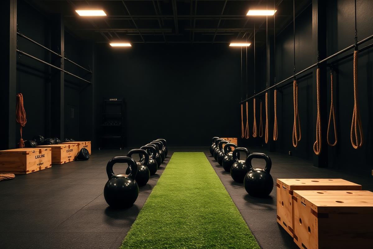 Turf lane, kettlebells and plyo boxes in the functional zone